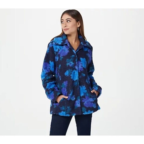 Isaac Mizrahi Live! Floral Printed Faux Fur Shearling Coat Navy QVC Size M - Picture 1 of 16